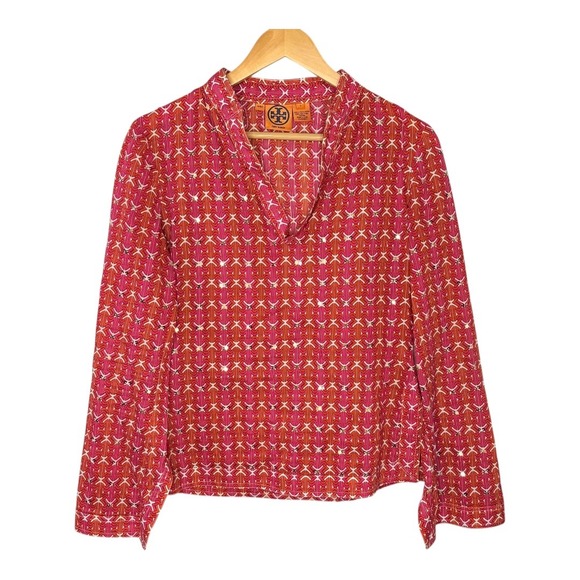 Tory Burch Top Geometric Print Pink Orange Stephanie Sequin Sparkle Women Size 2 - Picture 1 of 11